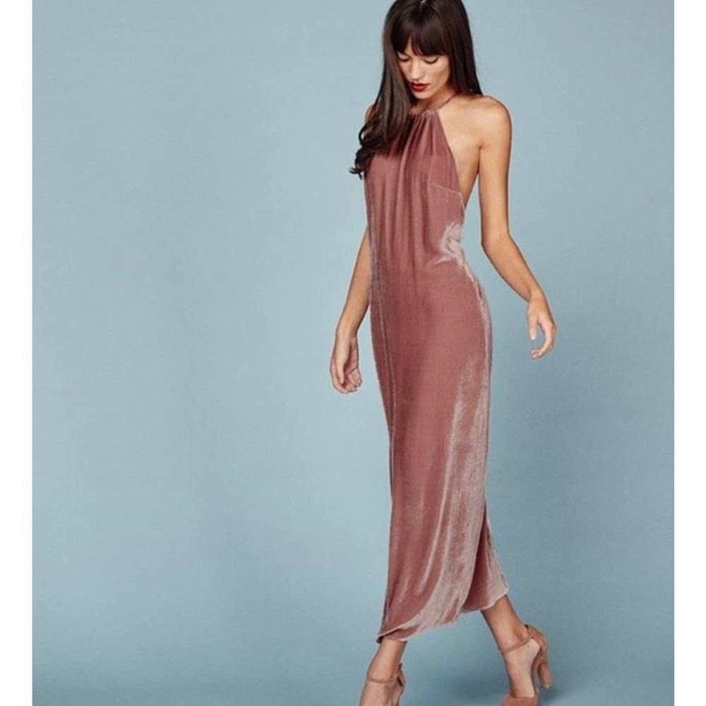 Reformation Irving Pink Velvet Maxi Dress Size 4 Low Back Tie Closure NWT